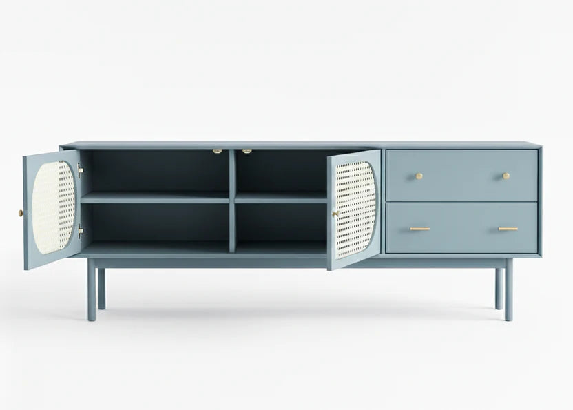 Space Galaxy Furniture Solid Mango TV Unit | Mid Century Modern TV Stand with Rattan Cane 2 Doors, & Two Drawers | Entertainment Cabinet | Laminate finish