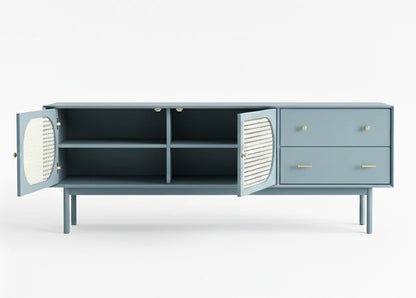 Space Galaxy Furniture Solid Mango TV Unit | Mid Century Modern TV Stand with Rattan Cane 2 Doors, & Two Drawers | Entertainment Cabinet | Laminate finish