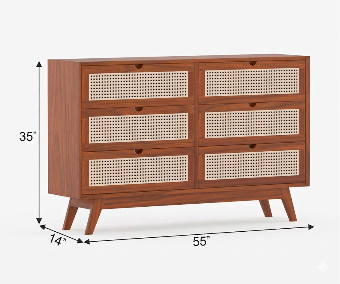 Space Galaxy Furniture Solid Sheesham Chest Of Drawers Rattan Cane | Storage Type:  6 Drawers | Finish:-Natural