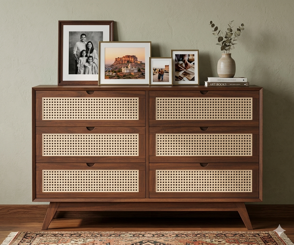 Space Galaxy Furniture Solid Sheesham Chest Of Drawers Rattan Cane | Storage Type:  6 Drawers | Finish:-Provincial Teak Finish