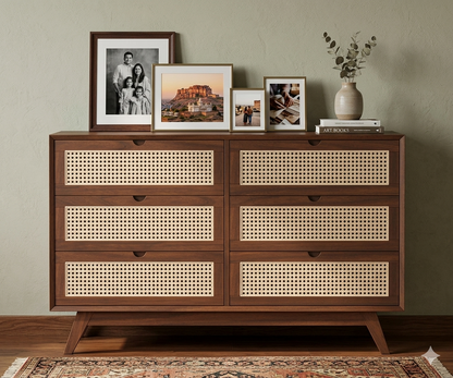 Space Galaxy Furniture Solid Sheesham Chest Of Drawers Rattan Cane | Storage Type:  6 Drawers | Finish:-Provincial Teak Finish