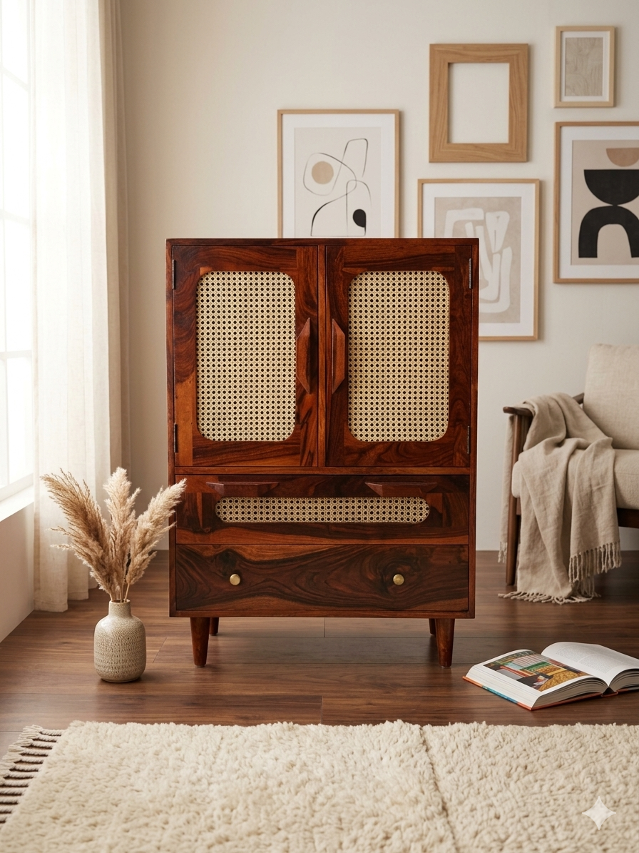 Space Galaxy Furniture Solid Sheesham Chest Of Drawers Rattan Cane | Storage Type: 2 Door and 2 Drawers | Finish:-Natural