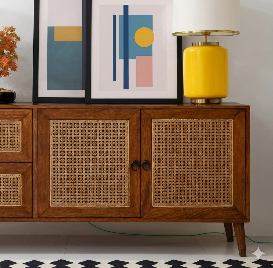 Space Galaxy Furniture Solid Sheesham Wood 2 Door & 2 Drawers Rattan Cane Sideboard & Cabinet With Storage Natural Finish