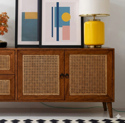 Space Galaxy Furniture Solid Sheesham Wood 2 Door & 2 Drawers Rattan Cane Sideboard & Cabinet With Storage Natural Finish