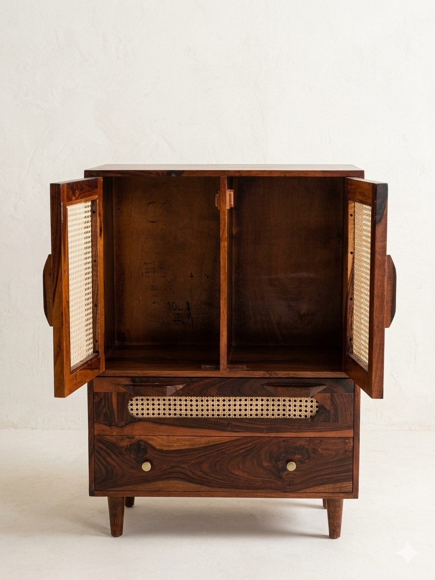 Space Galaxy Furniture Solid Sheesham Chest Of Drawers Rattan Cane | Storage Type: 2 Door and 2 Drawers | Finish:-Natural