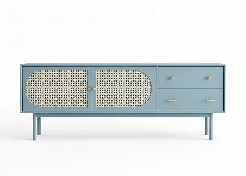 Space Galaxy Furniture Solid Mango TV Unit | Mid Century Modern TV Stand with Rattan Cane 2 Doors, & Two Drawers | Entertainment Cabinet | Laminate finish
