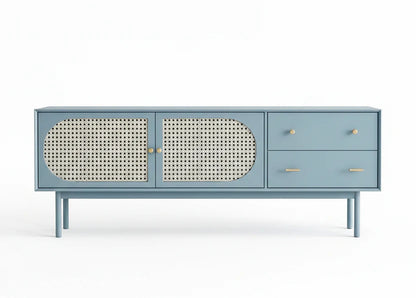 Space Galaxy Furniture Solid Mango TV Unit | Mid Century Modern TV Stand with Rattan Cane 2 Doors, & Two Drawers | Entertainment Cabinet | Laminate finish