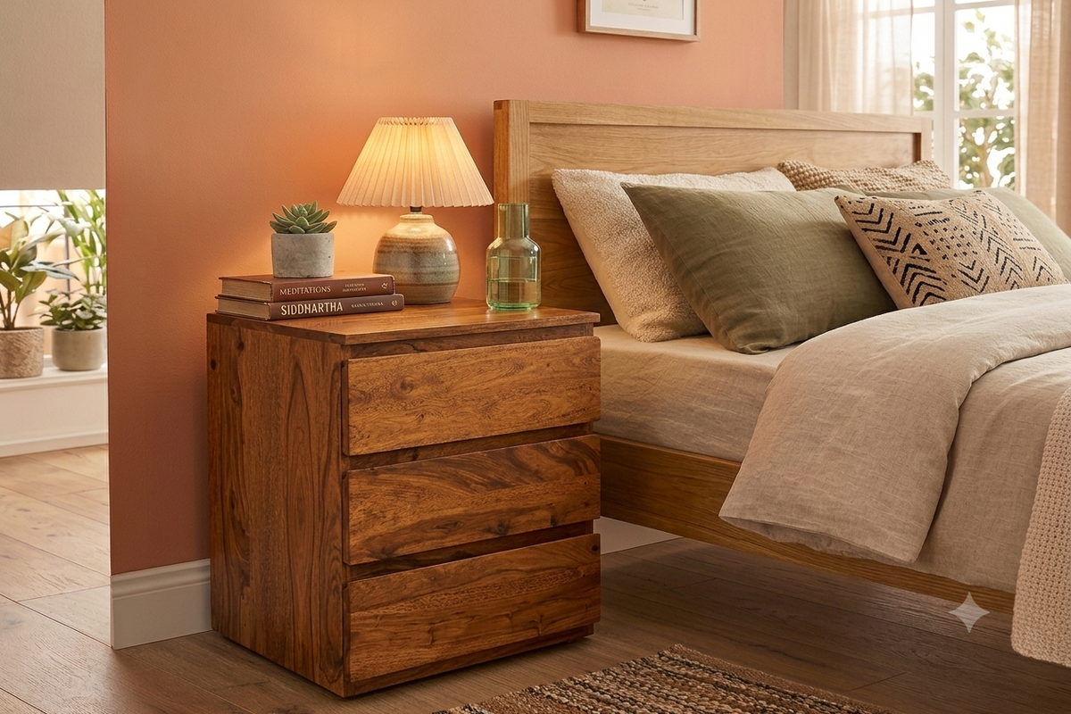 Space Galaxy Furniture Solid Sheesham Bedside Table Nightstand Lamp Table with 3 Drawers Storage Natural Finish