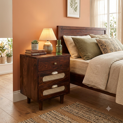 Space Galaxy Furniture Solid Sheesham Bedside Table Rattan Cane Nightstand Lamp Table with 3 Drawers Storage Walnut Finish