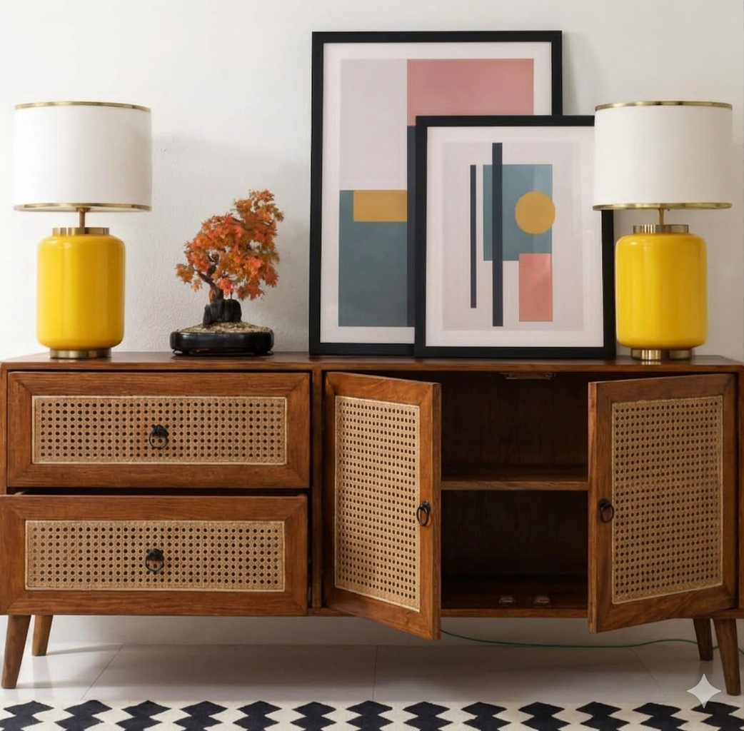Space Galaxy Furniture Solid Sheesham Wood 2 Door & 2 Drawers Rattan Cane Sideboard & Cabinet With Storage Natural Finish