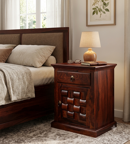 Space Galaxy Furniture Solid Sheesham Bedside Table Nightstand Lamp Table with Nightstand with 1 Door Cabinet & 1 Drawer Storage | Natural Finish