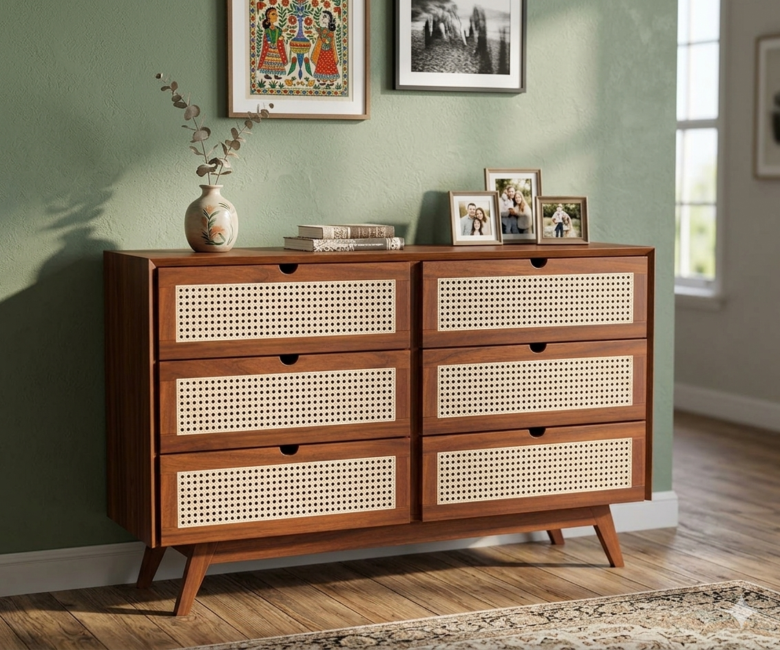 Space Galaxy Furniture Solid Sheesham Chest Of Drawers Rattan Cane | Storage Type:  6 Drawers | Finish:-Natural