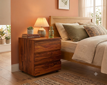 Space Galaxy Furniture Solid Sheesham Bedside Table Nightstand Lamp Table with 3 Drawers Storage Honey Oak Finish