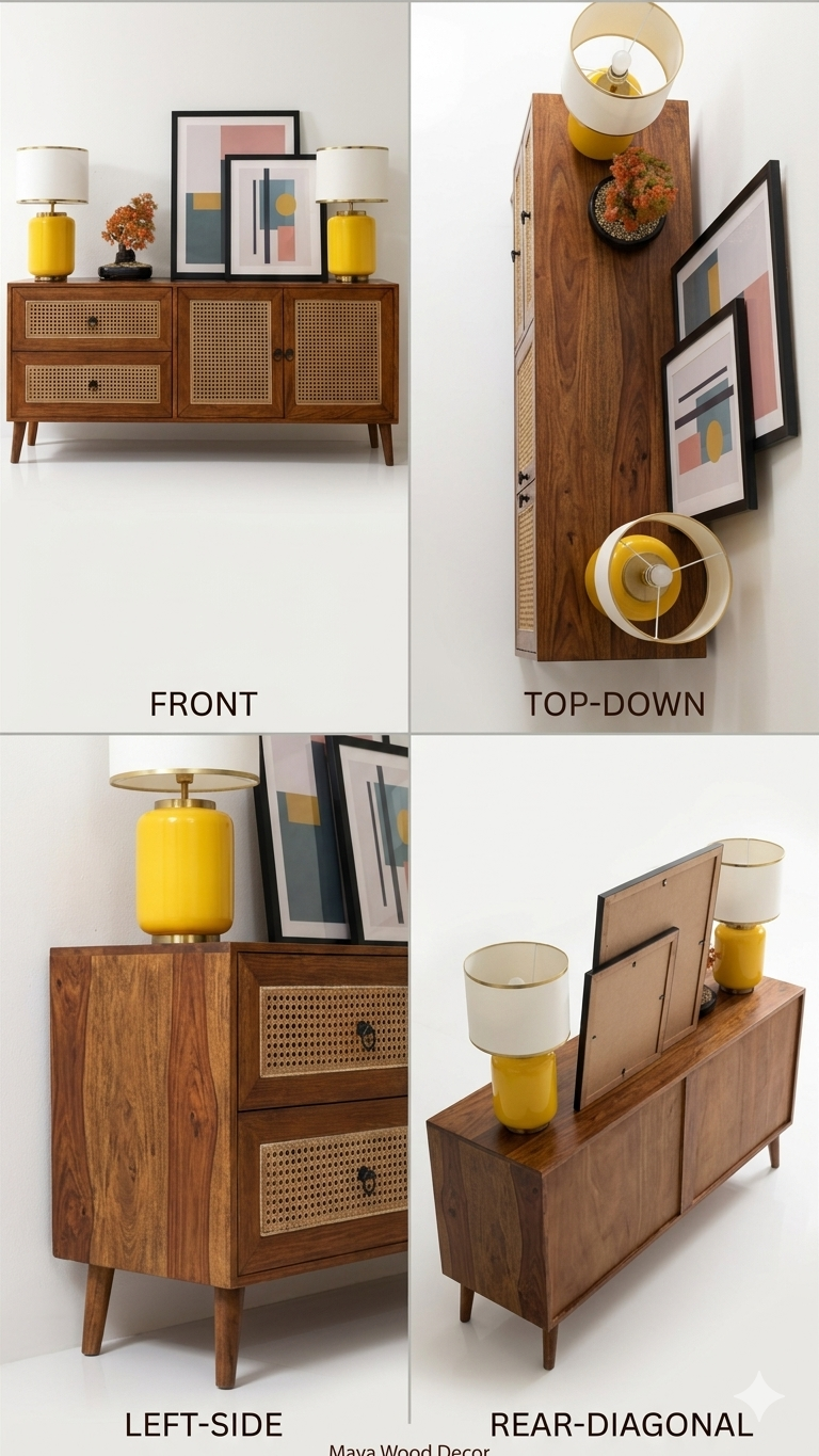 Space Galaxy Furniture Solid Sheesham Wood 2 Door & 2 Drawers Rattan Cane Sideboard & Cabinet With Storage Natural Finish