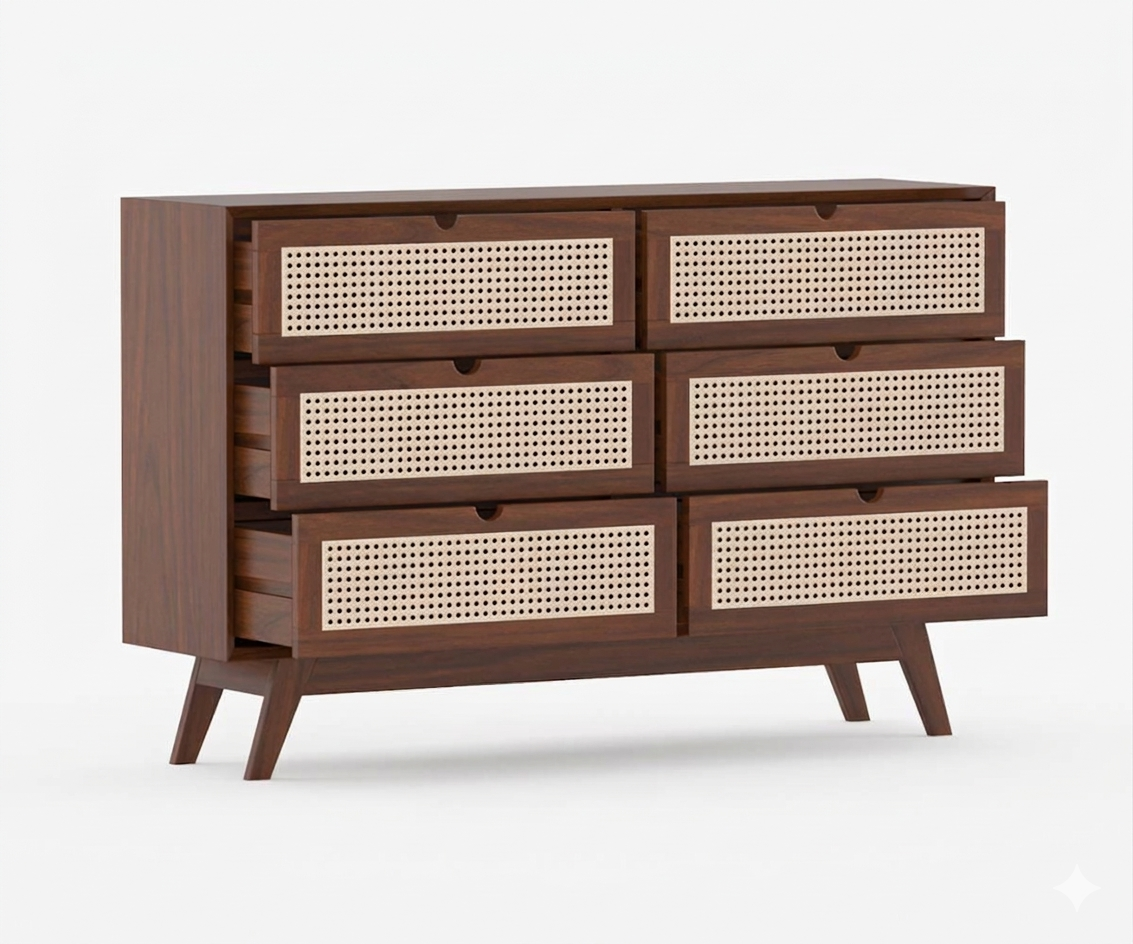 Space Galaxy Furniture Solid Sheesham Chest Of Drawers Rattan Cane | Storage Type:  6 Drawers | Finish:-Provincial Teak Finish