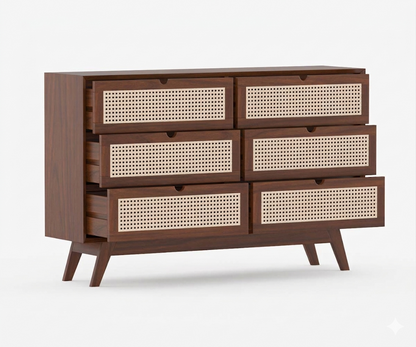 Space Galaxy Furniture Solid Sheesham Chest Of Drawers Rattan Cane | Storage Type:  6 Drawers | Finish:-Provincial Teak Finish