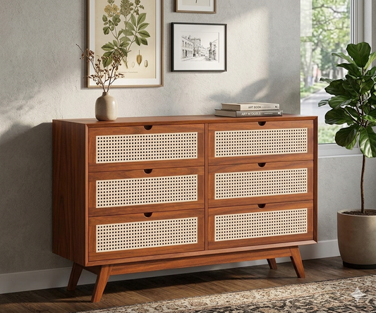 Space Galaxy Furniture Solid Sheesham Chest Of Drawers Rattan Cane | Storage Type:  6 Drawers | Finish:-Natural