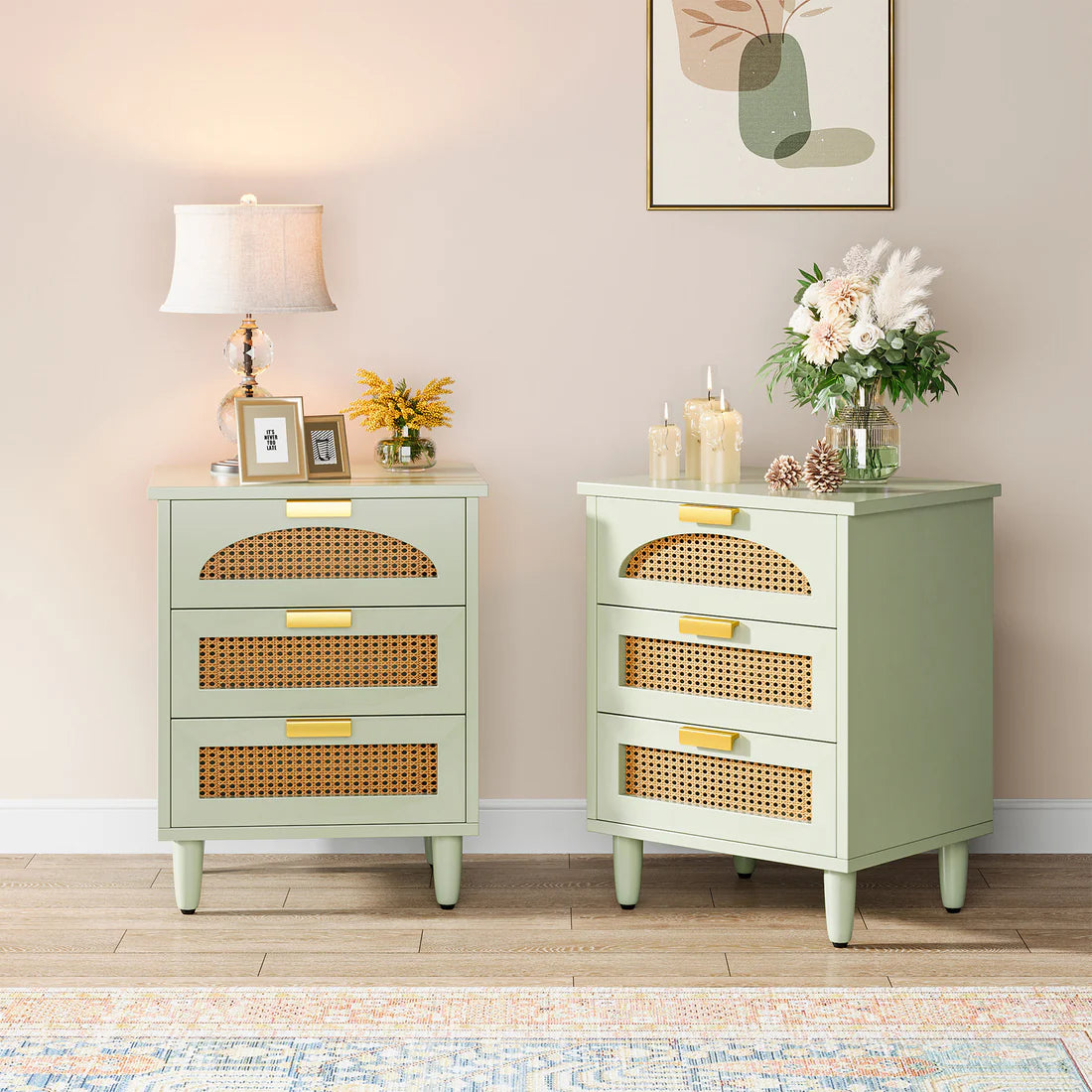 Space Galaxy Furniture Solid Sheesham Bedside Table Rattan Cane Nightstand Lamp Table with 3 Drawers Storage Green Finish One PC