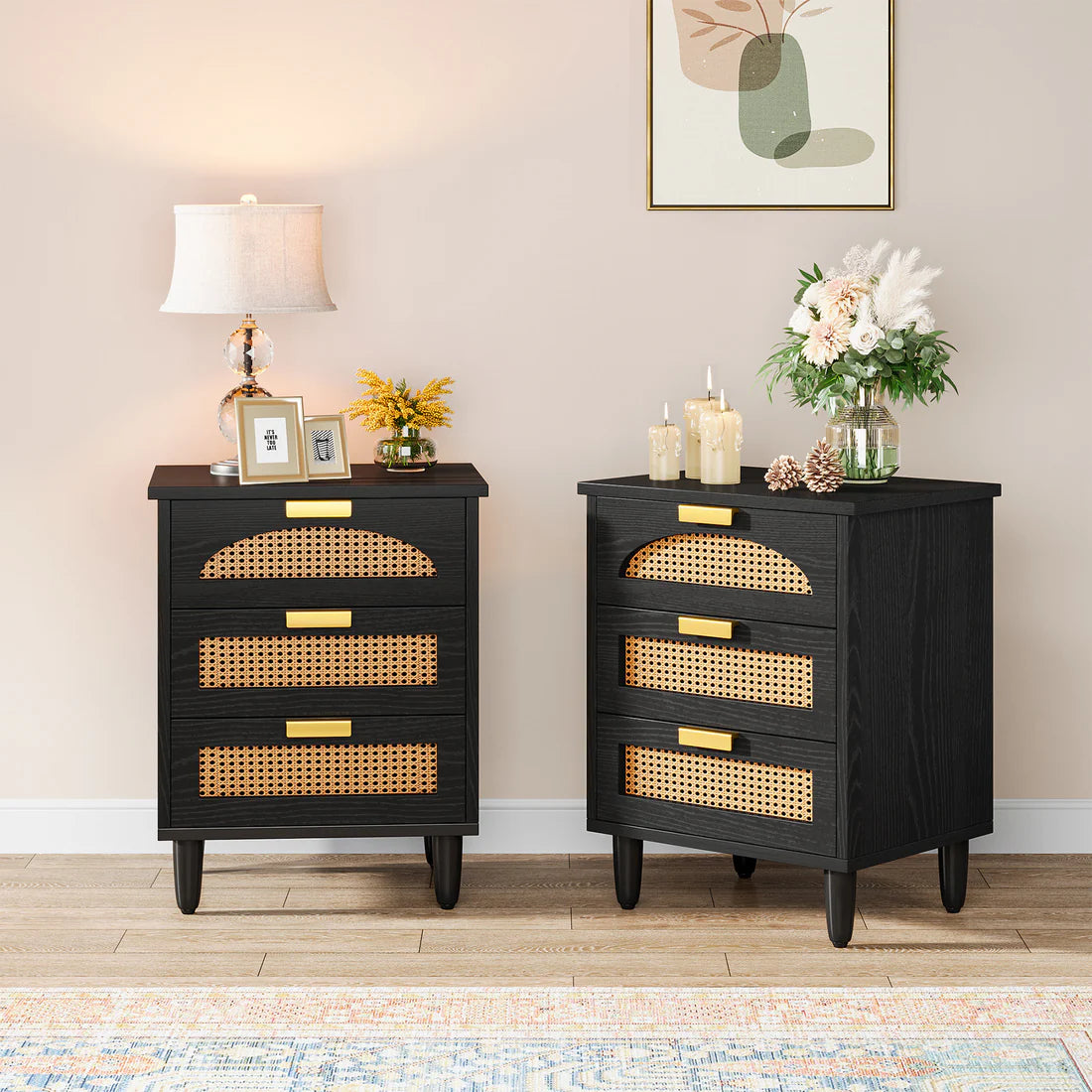 Space Galaxy Furniture Solid Sheesham Bedside Table Rattan Cane Nightstand Lamp Table with 3 Drawers Storage Z-black Finish One PC