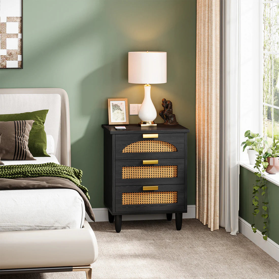 Space Galaxy Furniture Solid Sheesham Bedside Table Rattan Cane Nightstand Lamp Table with 3 Drawers Storage Z-black Finish One PC