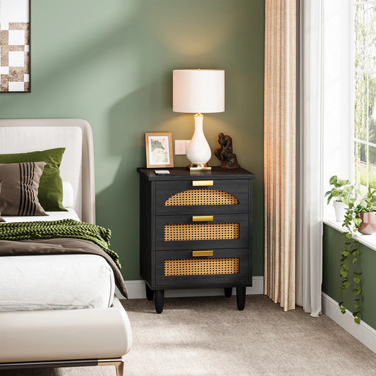 Space Galaxy Furniture Solid Sheesham Bedside Table Rattan Cane Nightstand Lamp Table with 3 Drawers Storage Z-black Finish One PC
