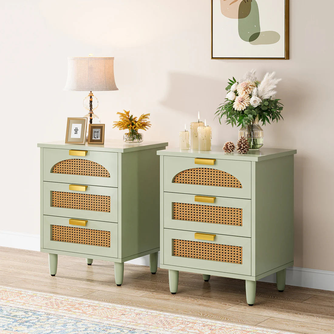 Space Galaxy Furniture Solid Sheesham Bedside Table Rattan Cane Nightstand Lamp Table with 3 Drawers Storage Green Finish One PC