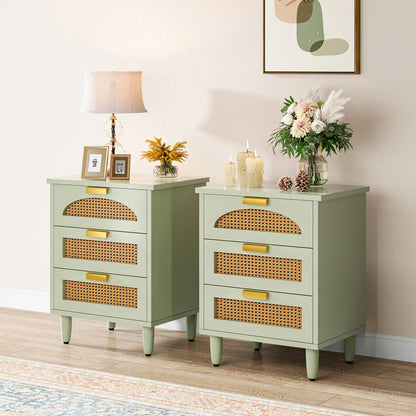 Space Galaxy Furniture Solid Sheesham Bedside Table Rattan Cane Nightstand Lamp Table with 3 Drawers Storage Green Finish One PC