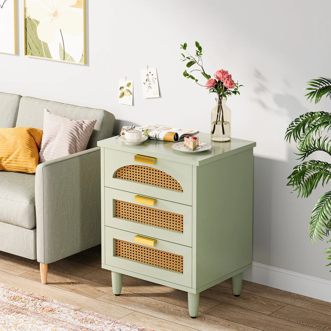 Space Galaxy Furniture Solid Sheesham Bedside Table Rattan Cane Nightstand Lamp Table with 3 Drawers Storage Green Finish One PC