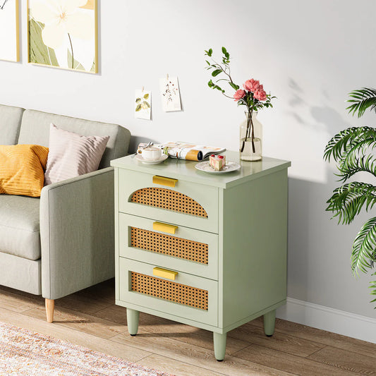 Space Galaxy Furniture Solid Sheesham Bedside Table Rattan Cane Nightstand Lamp Table with 3 Drawers Storage Green Finish One PC