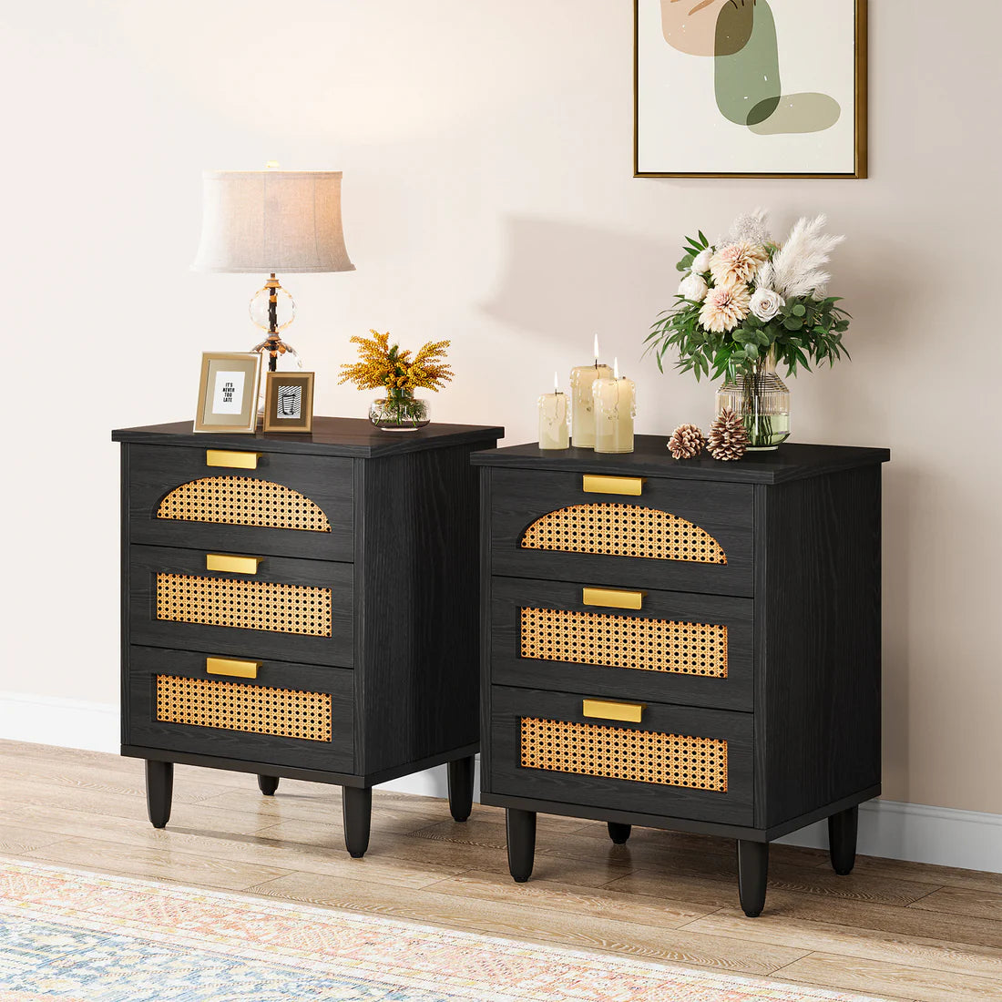 Space Galaxy Furniture Solid Sheesham Bedside Table Rattan Cane Nightstand Lamp Table with 3 Drawers Storage Z-black Finish One PC