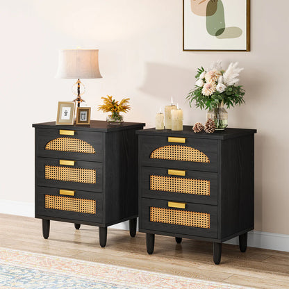 Space Galaxy Furniture Solid Sheesham Bedside Table Rattan Cane Nightstand Lamp Table with 3 Drawers Storage Z-black Finish One PC