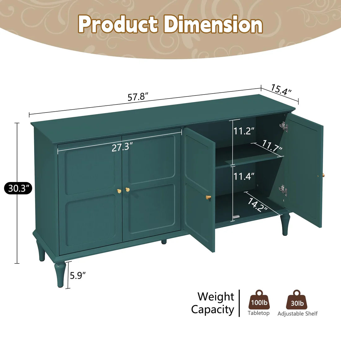 Space Galaxy Furniture Solid Wood 4 Door Sideboard & Cabinet With Storage Green Finish