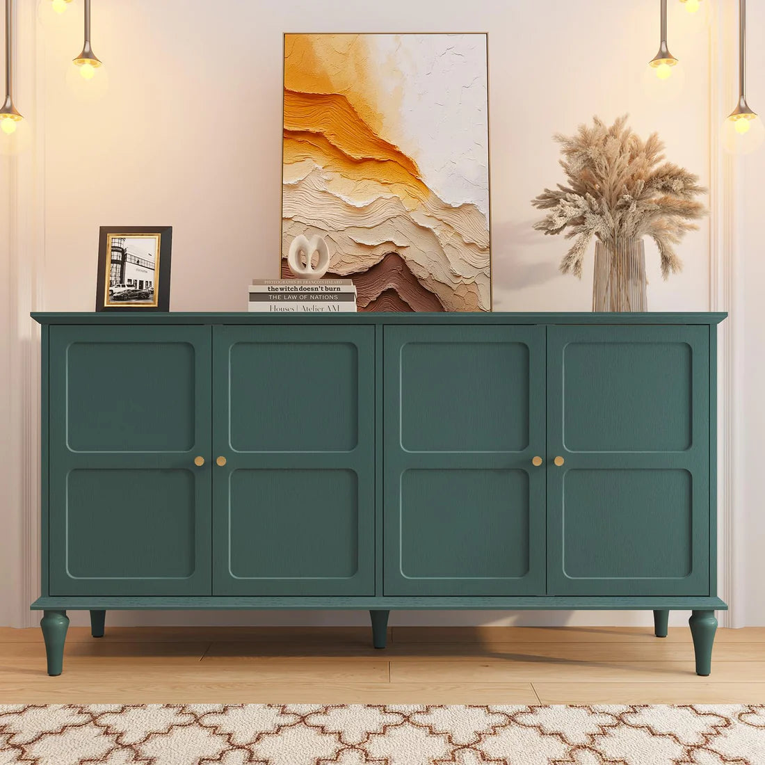 Space Galaxy Furniture Solid Wood 4 Door Sideboard & Cabinet With Storage Green Finish