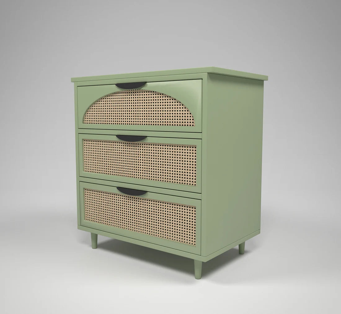 Space Galaxy Furniture Solid Sheesham Bedside Table Rattan Cane Nightstand Lamp Table with 3 Drawers Storage Green Finish One PC