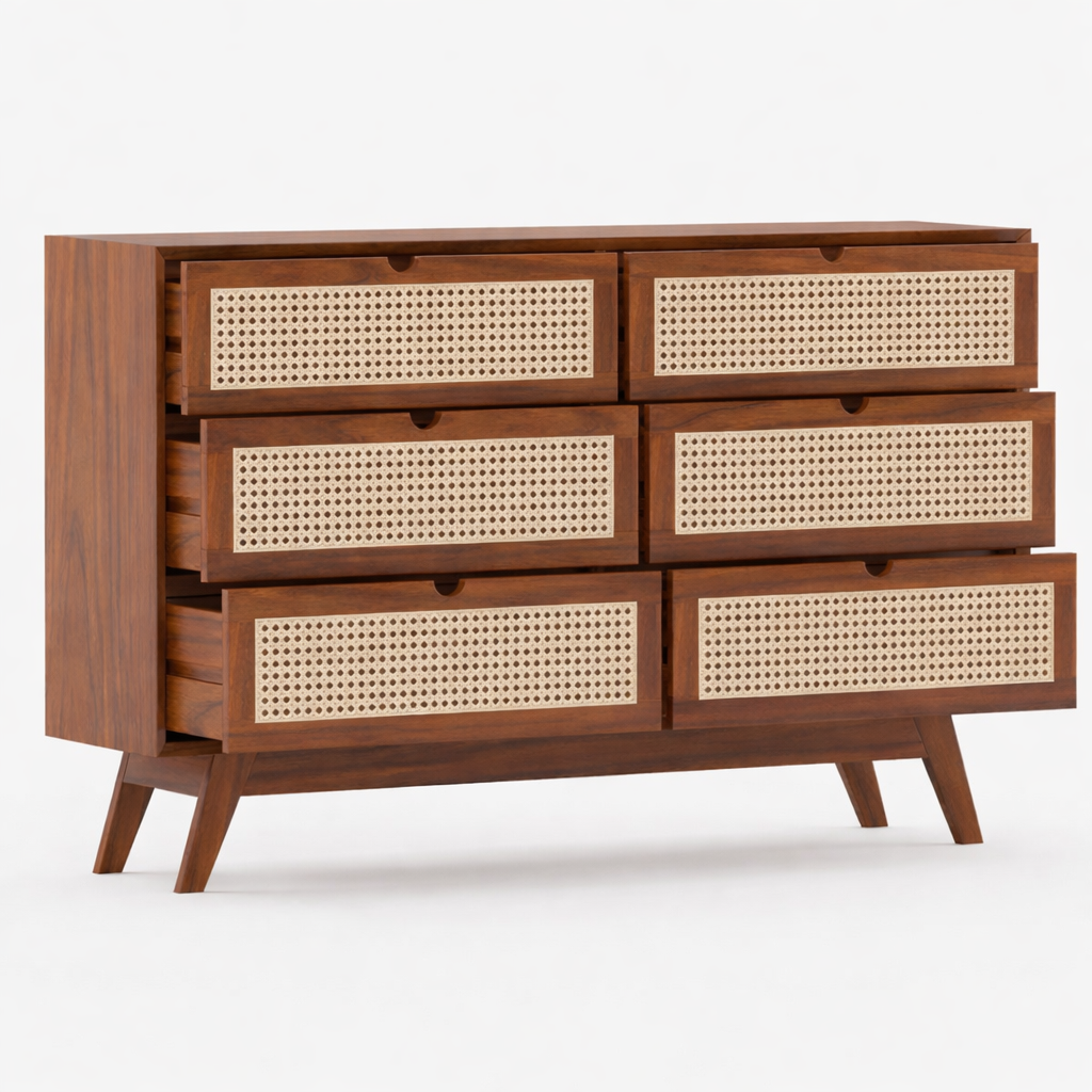 Space Galaxy Furniture Solid Sheesham Chest Of Drawers Rattan Cane | Storage Type:  6 Drawers | Finish:-Natural