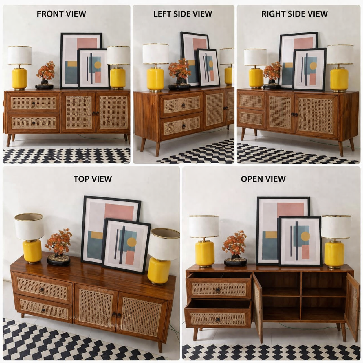 Space Galaxy Furniture Solid Sheesham Wood 2 Door & 2 Drawers Rattan Cane Sideboard & Cabinet With Storage Natural Finish
