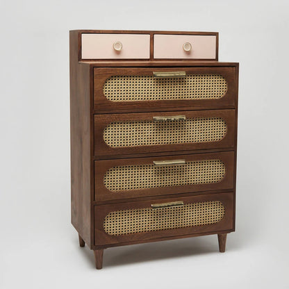 Space Galaxy Furniture Solid Sheesham Chest Of Drawers Rattan Cane | Storage Type: 6 Drawers | Finish:-Natural