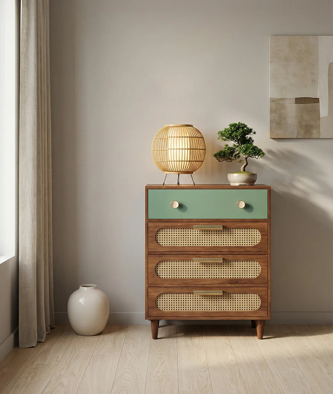 Space Galaxy Furniture Solid Sheesham Chest Of Drawers Rattan Cane | Storage Type: 4 Drawers | Finish:-Natural