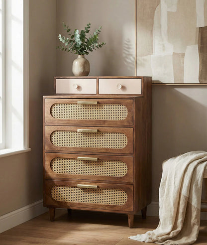 Space Galaxy Furniture Solid Sheesham Chest Of Drawers Rattan Cane | Storage Type: 6 Drawers | Finish:-Natural