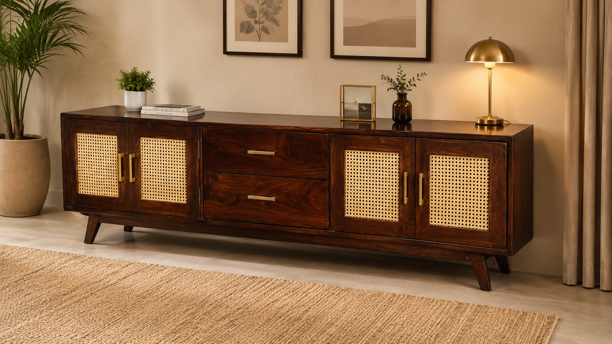 Space Galaxy Furniture Solid Sheesham Wood TV Unit | Mid Century Modern TV Stand with Rattan Cane 4 Doors, & Two Drawers | Entertainment Cabinet | Walnut Finish