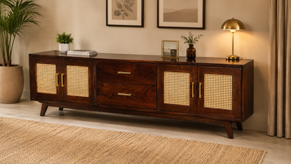 Space Galaxy Furniture Solid Sheesham Wood TV Unit | Mid Century Modern TV Stand with Rattan Cane 4 Doors, & Two Drawers | Entertainment Cabinet | Walnut Finish