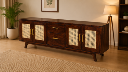 Space Galaxy Furniture Solid Sheesham Wood TV Unit | Mid Century Modern TV Stand with Rattan Cane 4 Doors, & Two Drawers | Entertainment Cabinet | Walnut Finish