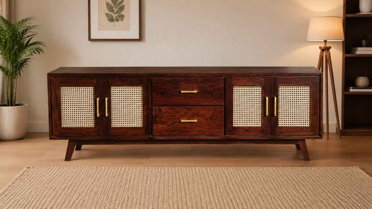 Space Galaxy Furniture Solid Sheesham Wood TV Unit | Mid Century Modern TV Stand with Rattan Cane 4 Doors, & Two Drawers | Entertainment Cabinet | Walnut Finish