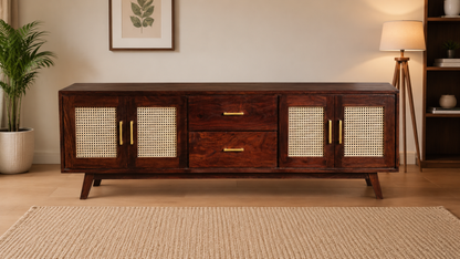 Space Galaxy Furniture Solid Sheesham Wood TV Unit | Mid Century Modern TV Stand with Rattan Cane 4 Doors, & Two Drawers | Entertainment Cabinet | Walnut Finish