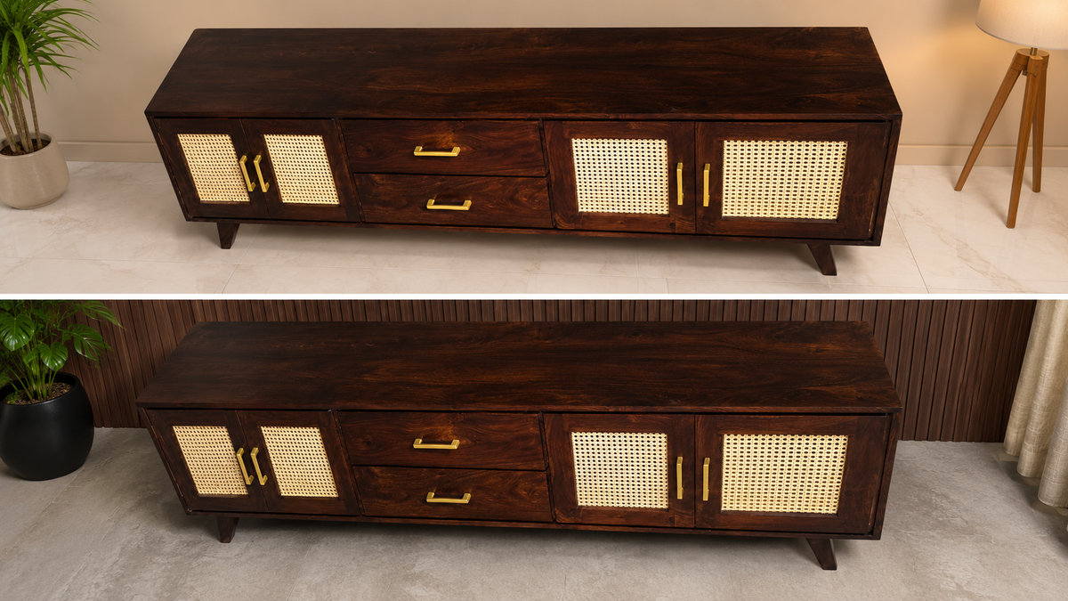 Space Galaxy Furniture Solid Sheesham Wood TV Unit | Mid Century Modern TV Stand with Rattan Cane 4 Doors, & Two Drawers | Entertainment Cabinet | Walnut Finish