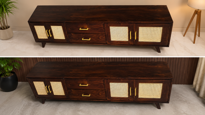 Space Galaxy Furniture Solid Sheesham Wood TV Unit | Mid Century Modern TV Stand with Rattan Cane 4 Doors, & Two Drawers | Entertainment Cabinet | Walnut Finish