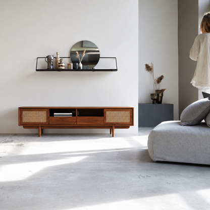 Space Galaxy Furniture Solid Mango TV Unit | Mid Century Modern TV Stand with Rattan Cane 2 Doors, & Two Drawers & One Shelf | Entertainment Cabinet | Honey Oak Finish