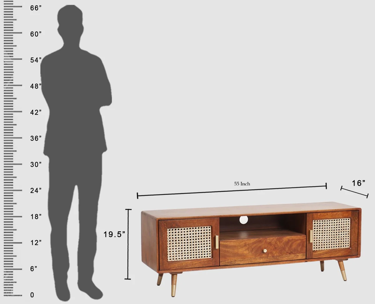 Space Galaxy Furniture Solid Sheesham TV Unit | Mid Century Modern TV Stand with Rattan Cane 2 Doors, & One  Shelf One Drawers | Entertainment Cabinet | Natural Finish