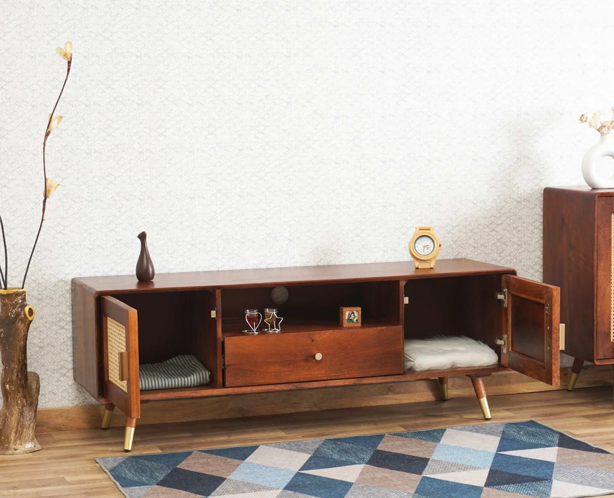Space Galaxy Furniture Solid Sheesham TV Unit | Mid Century Modern TV Stand with Rattan Cane 2 Doors, & One  Shelf One Drawers | Entertainment Cabinet | Natural Finish