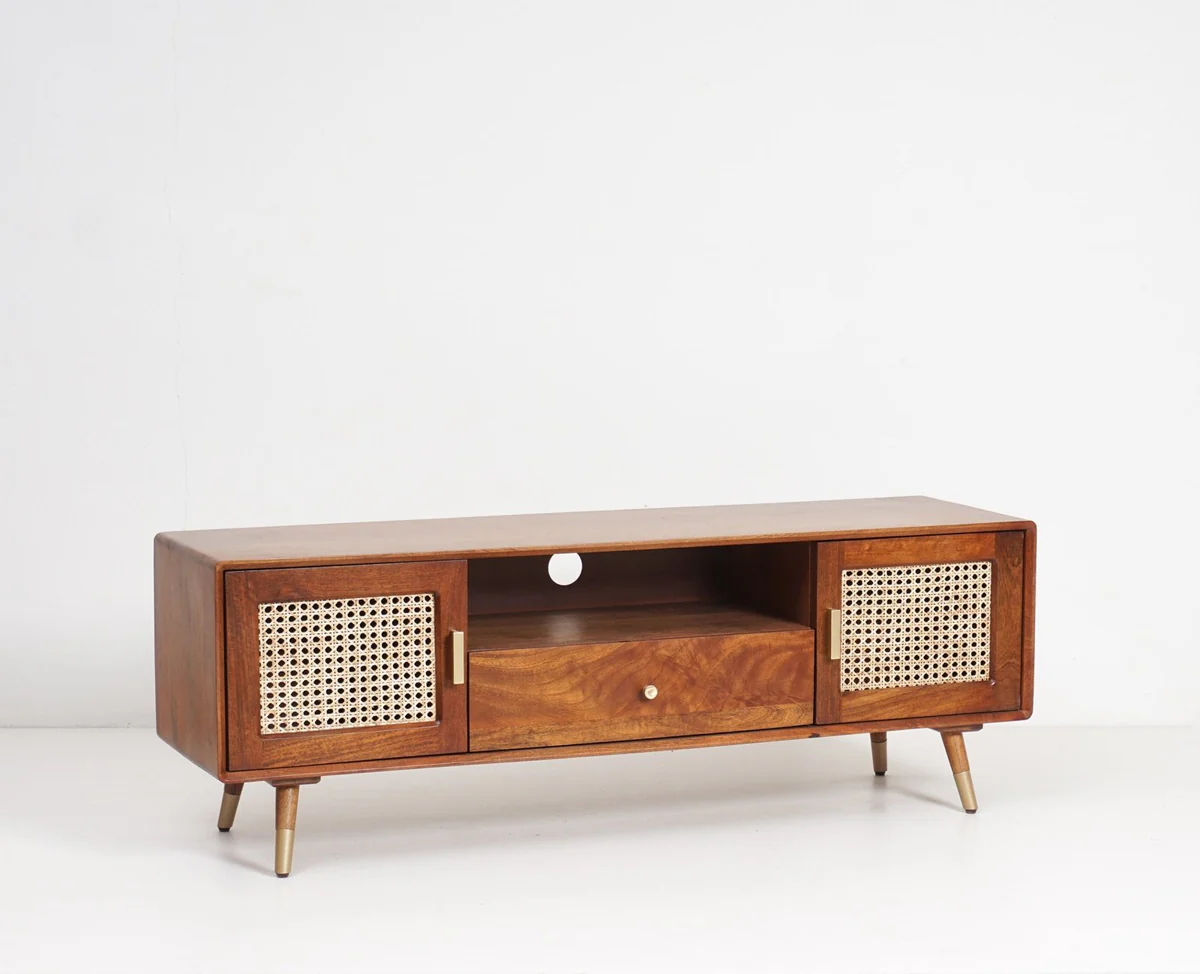 Space Galaxy Furniture Solid Sheesham TV Unit | Mid Century Modern TV Stand with Rattan Cane 2 Doors, & One  Shelf One Drawers | Entertainment Cabinet | Natural Finish